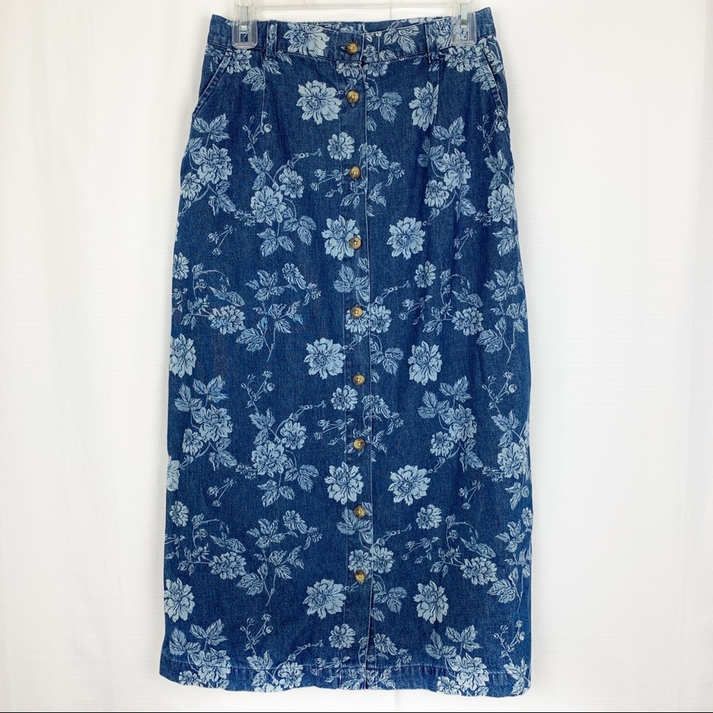 VTG Floral Denim Maxi Skirt Pockets